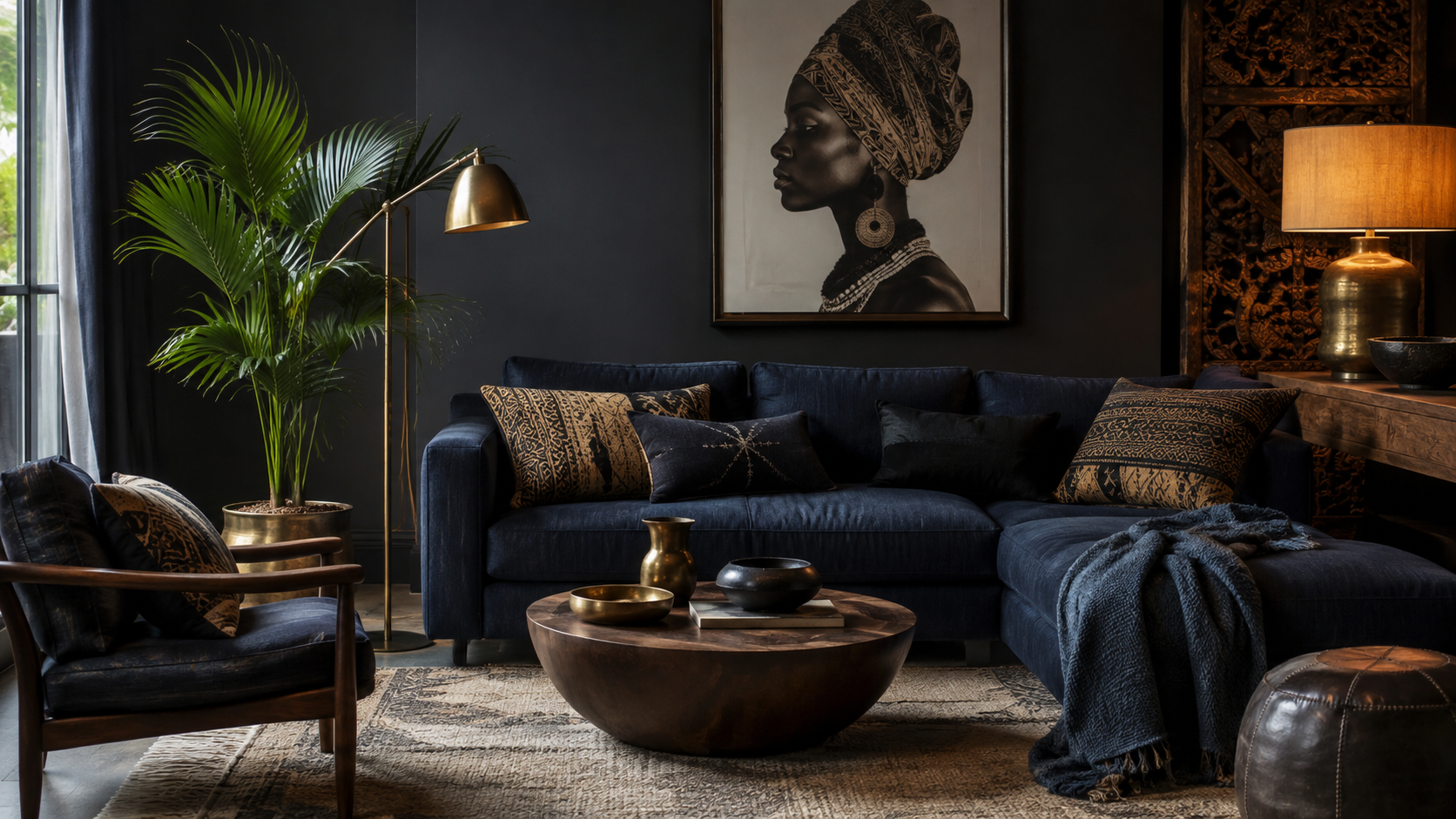 Moody living room featuring charcoal accent walls, dark wood, deep indigo textiles and brass lighting